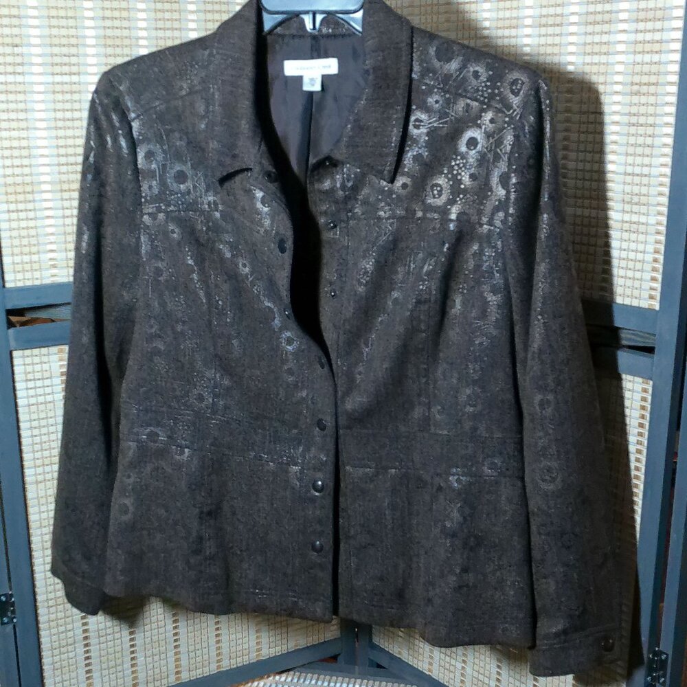 Coldwater Creek Chocolate Peplum Shacket With Metallic Accents